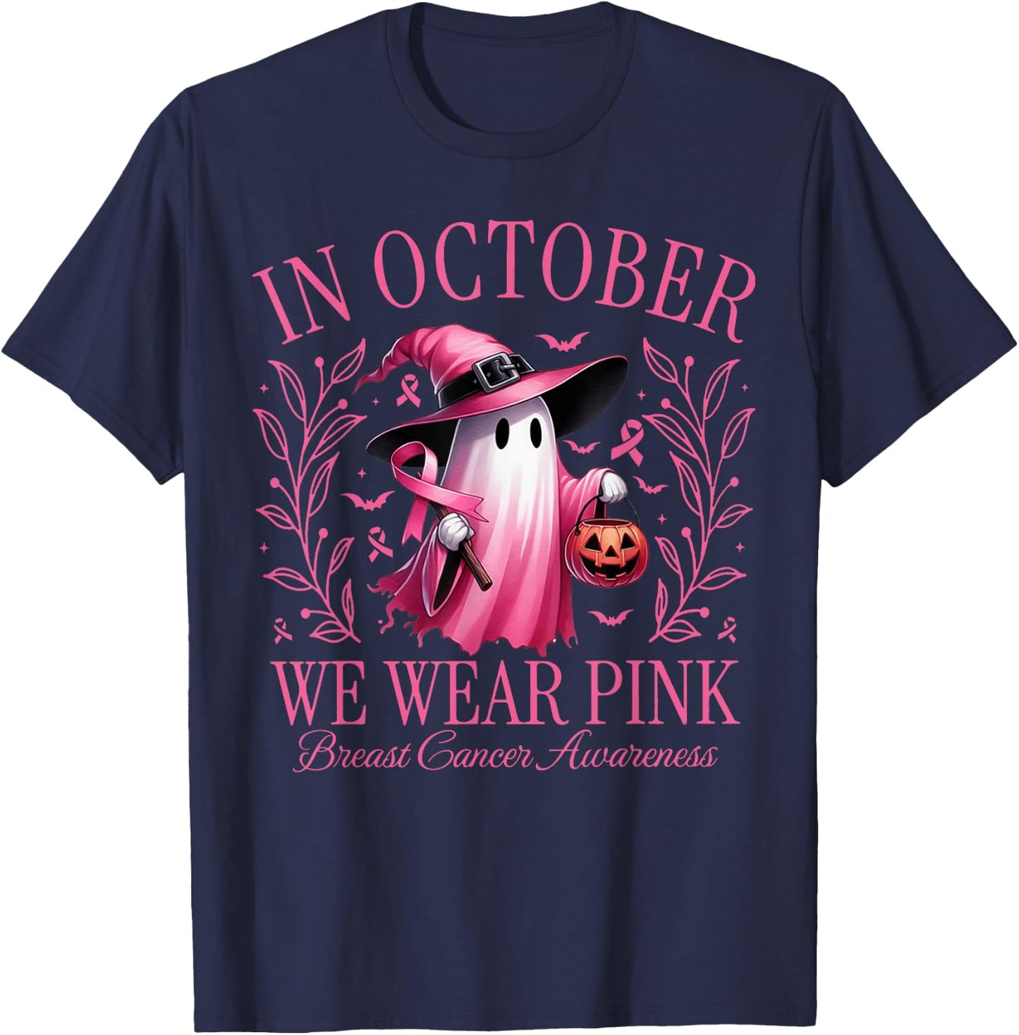 In October We Wear Pink Ghost Witch Breast Cancer Awareness T-Shirt - T-Shirt | Navy