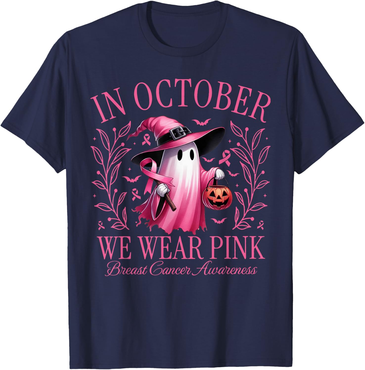 In October We Wear Pink Ghost Witch Breast Cancer Awareness T-Shirt - T-Shirt | Navy