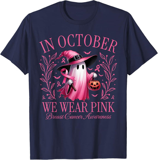 In October We Wear Pink Ghost Witch Breast Cancer Awareness T-Shirt - T-Shirt | Navy