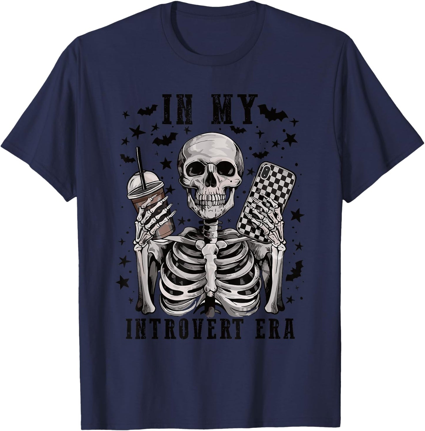 In My Introvert Era Retro Halloween Skeleton Coffee T-Shirt - T-Shirt | Navy