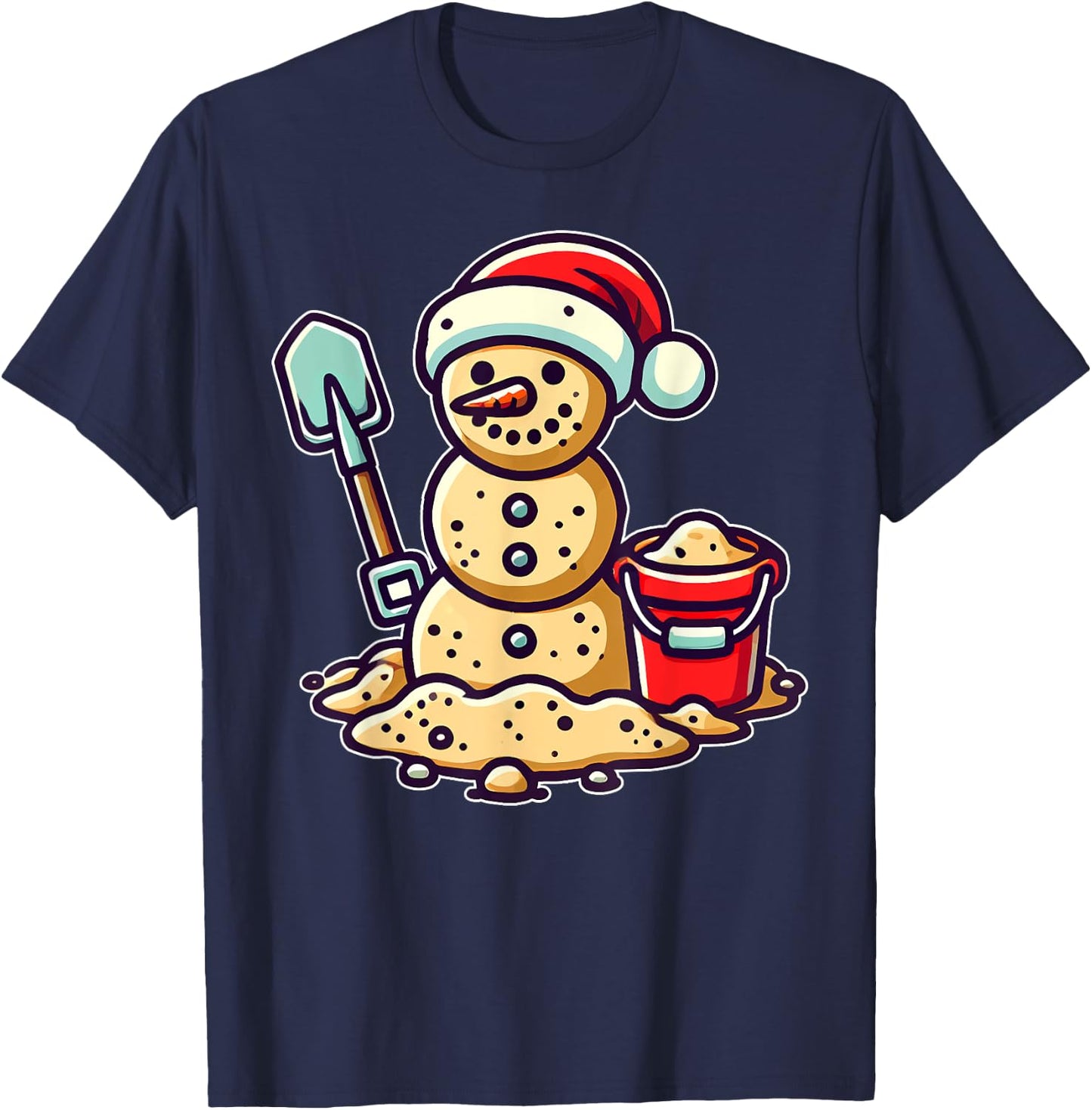 Christmas In July Sand Snowman Santa Hat Shovel Xmas Beach T-Shirt - T-Shirt | Navy