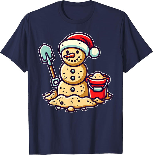Christmas In July Sand Snowman Santa Hat Shovel Xmas Beach T-Shirt - T-Shirt | Navy