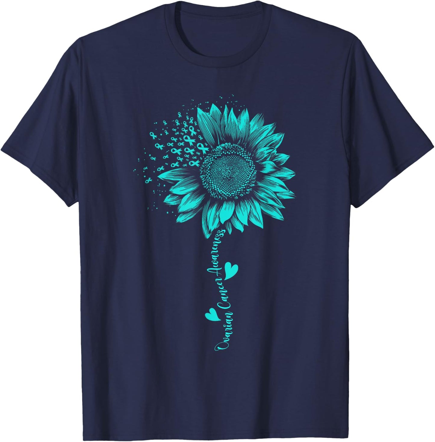 Ovarian Cancer Awareness Sunflower Teal Ribbon Warriors T-Shirt - T-Shirt | Navy