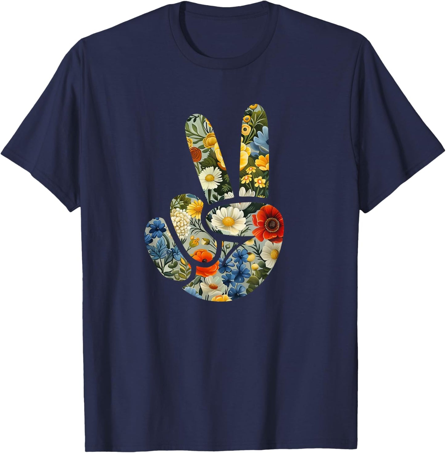 Elegant Silhouette Wildflowers Floral Peace Sign Hand T-Shirt - T-Shirt | Navy