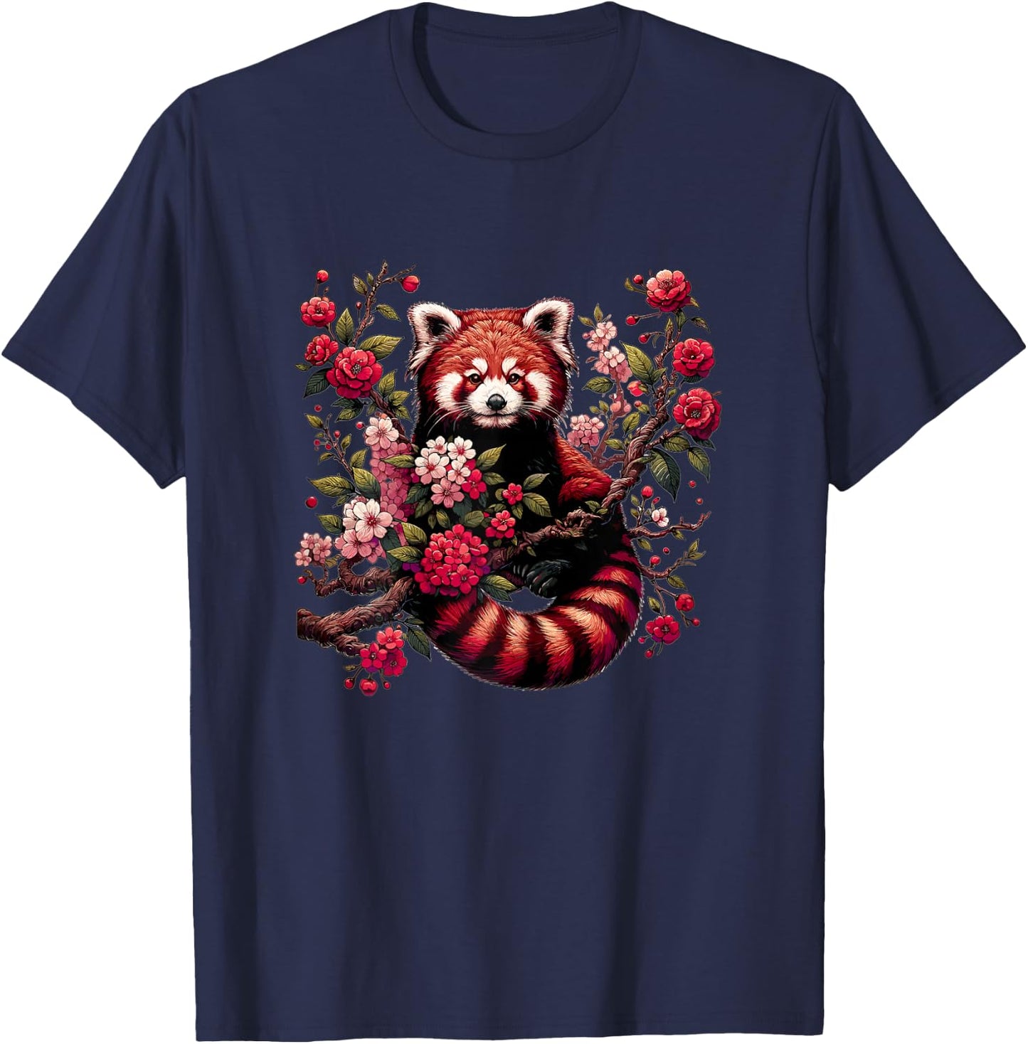 Red Panda Japanese Cherry Blossom Flower T-Shirt - T-Shirt | Navy