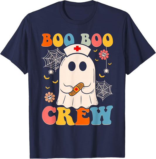 Groovy Retro Boo Boo Crew Nurse Funny Ghost Halloween Nurse T-Shirt - T-Shirt | Navy