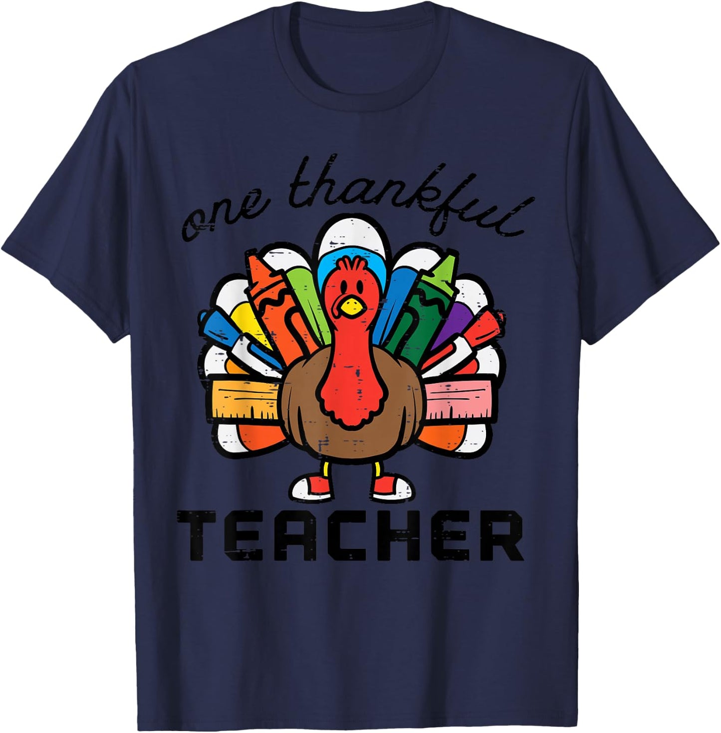 Happy Thanksgiving One Thankful Teacher Turkey Day Men Women T-Shirt - T-Shirt | Navy