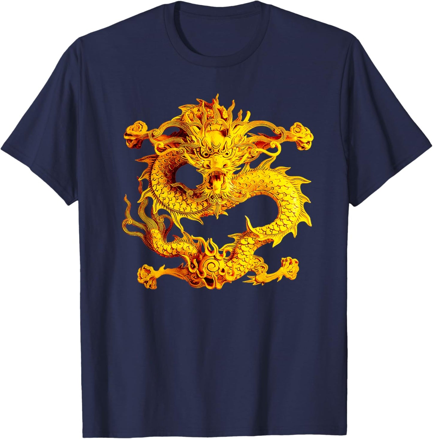 Fearless Golden Chinese Dragon Silhouette 3D Effect T-Shirt - T-Shirt | Navy