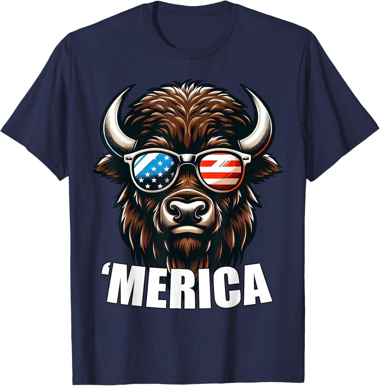 Merica Bison Funny American Patriotic USA 4th of July T-Shirt - T-Shirt | Navy