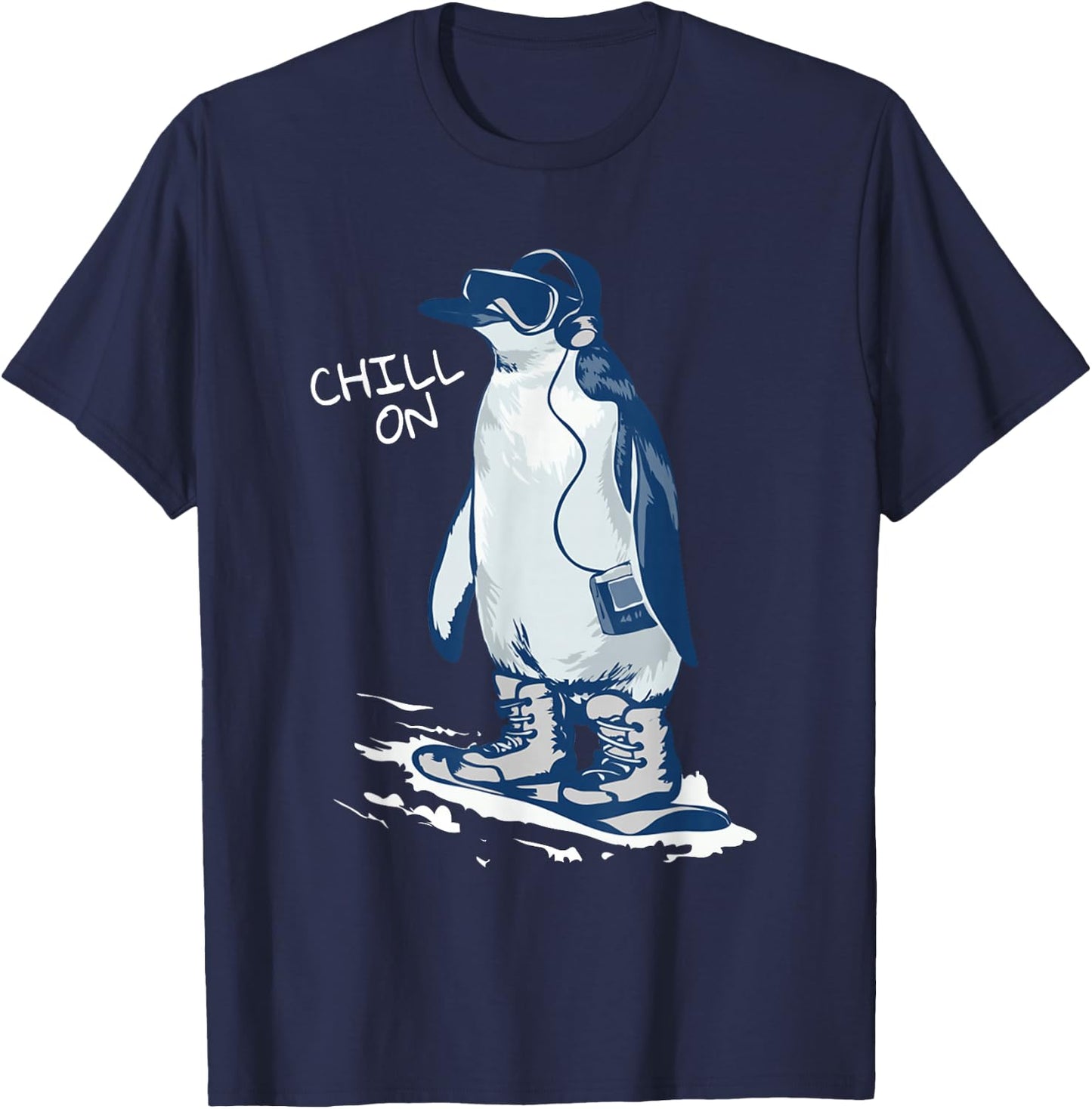 Funny Penguin Snowboarding Listen to Music And Chill T-Shirt - T-Shirt | Navy