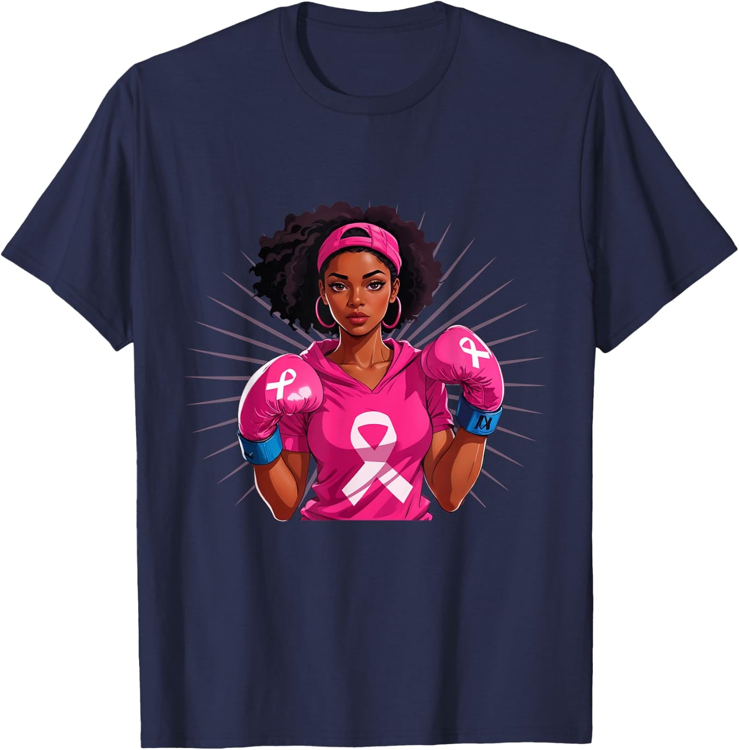 Breast Cancer Awareness African American Woman Boxing Gloves T-Shirt - T-Shirt | Navy