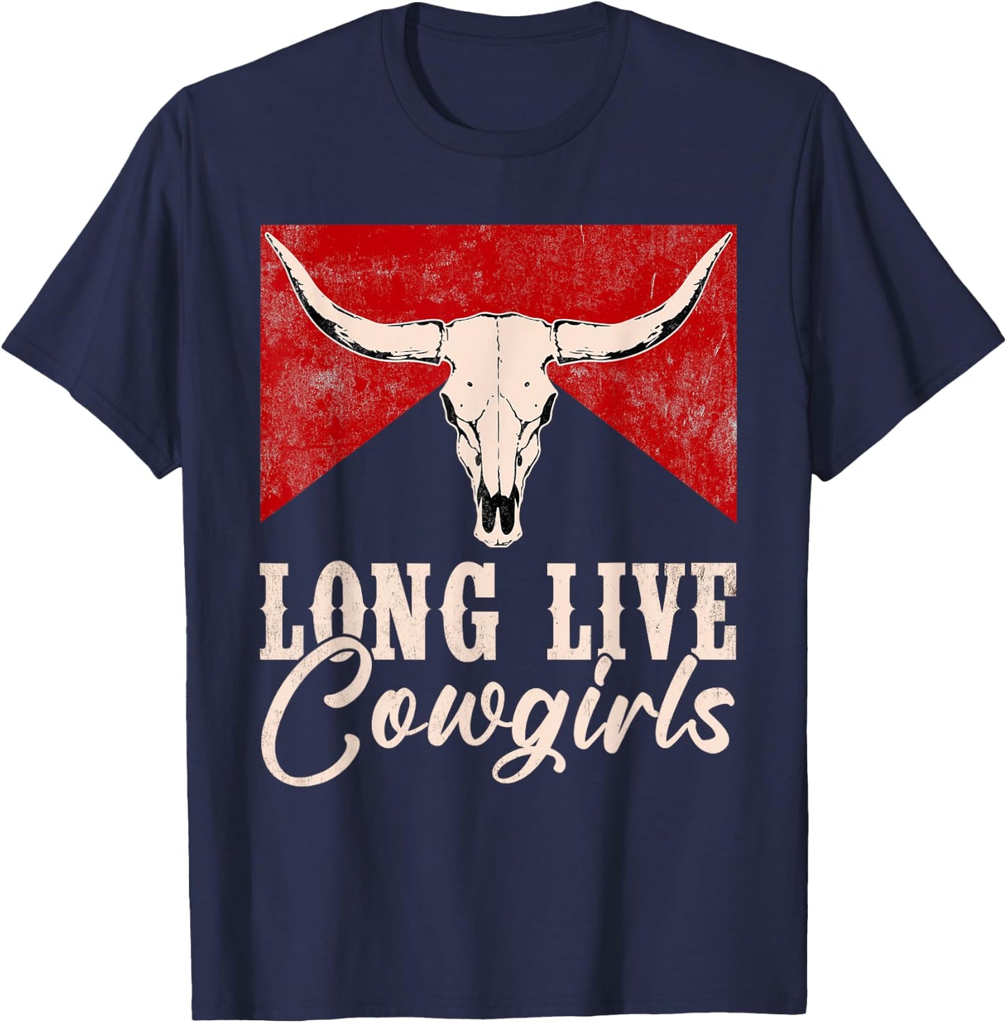 Long Live Vintage Western Bull-Skull Cowgirls Retro T-Shirt - T-Shirt | Navy
