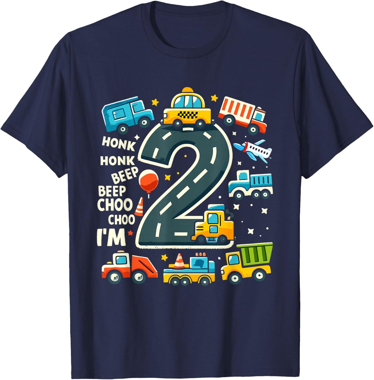 2 Year Old Birthday Boy Truck Car Transportation T-Shirt - T-Shirt | Navy