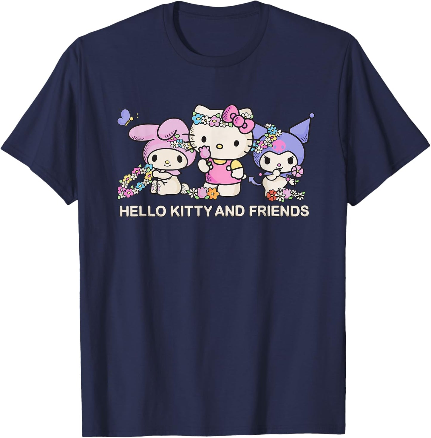 Sanrio Hello Kitty and Friends Flower Crowns , Small, Black T-Shirt - T-Shirt | Navy