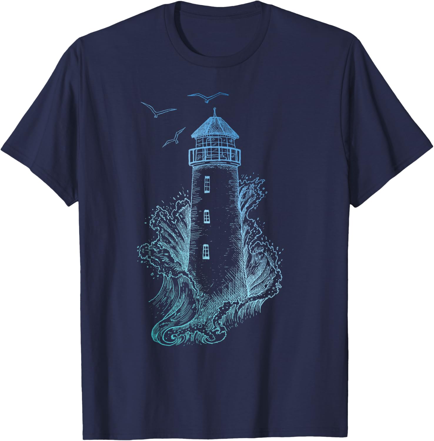 Lighthouse - Pharos Wave and Seagull T-Shirt - T-Shirt | Navy