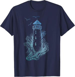 Lighthouse - Pharos Wave and Seagull T-Shirt - T-Shirt | Navy