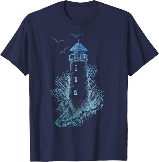 Lighthouse - Pharos Wave and Seagull T-Shirt - T-Shirt | Navy