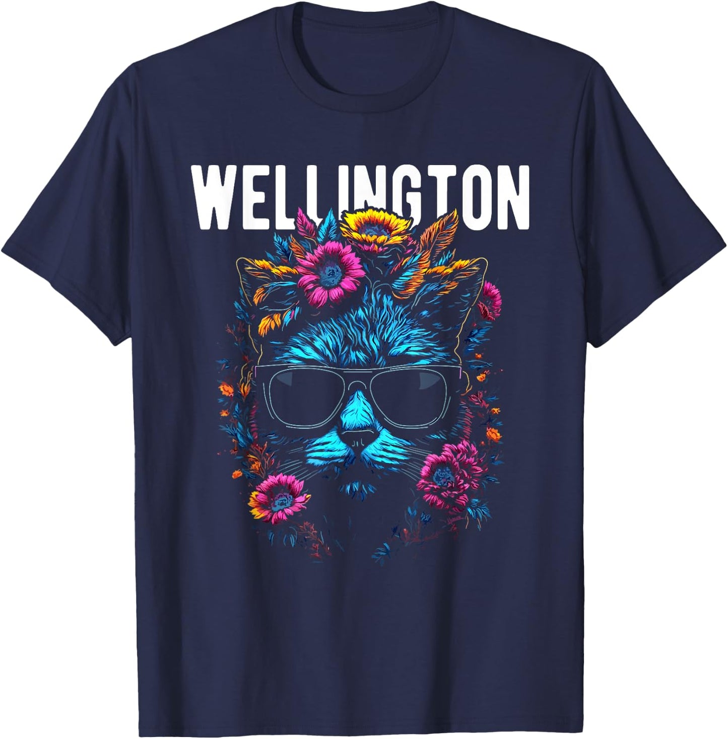 Wellington Cat Wearing Sunglasses and Flowers Design Women Kids T-Shirt - T-Shirt | Navy
