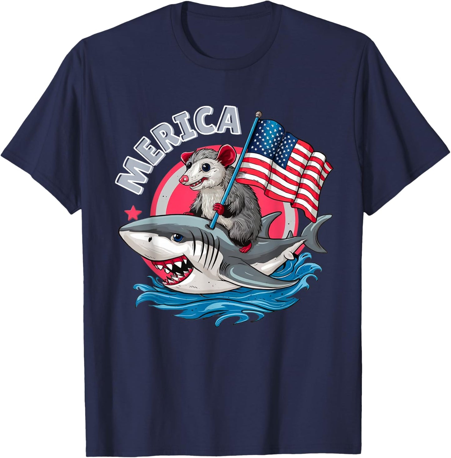 Funny Opossum Riding Shark American Flag USA 4th of July T-Shirt - T-Shirt | Navy