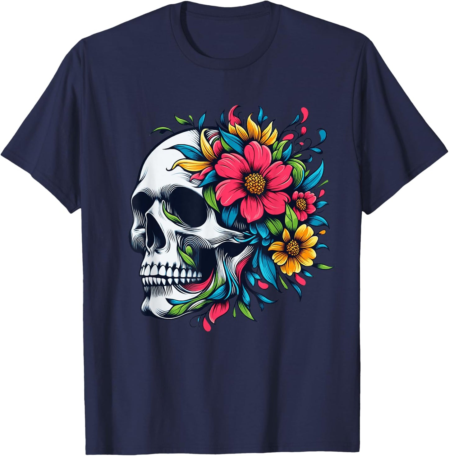 Flower Skull Floral Abstract Bloom & Bone - Life & Death Art T-Shirt - T-Shirt | Navy