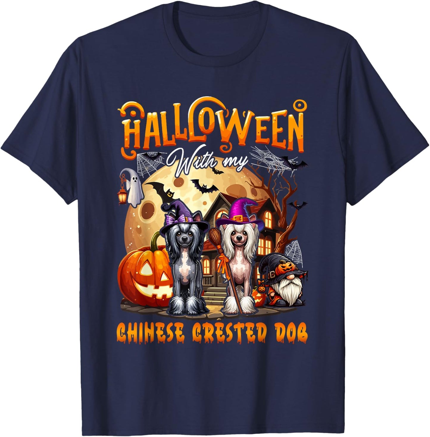 Halloween With My Chinese Crested Cute Dogs Cosplay Witch T-Shirt - T-Shirt | Navy