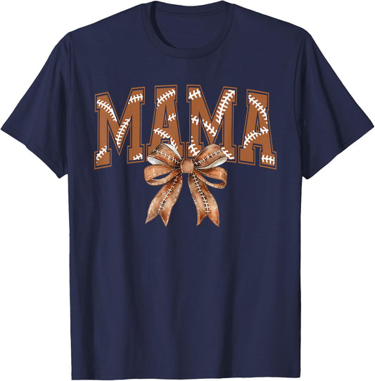 Coquette Bow Mama American Football Game Day Thanksgiving T-Shirt - T-Shirt | Navy