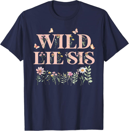 Wild Lil Sis Wildflower Watercolor Floral 1st Birthday Sis T-Shirt - T-Shirt | Navy