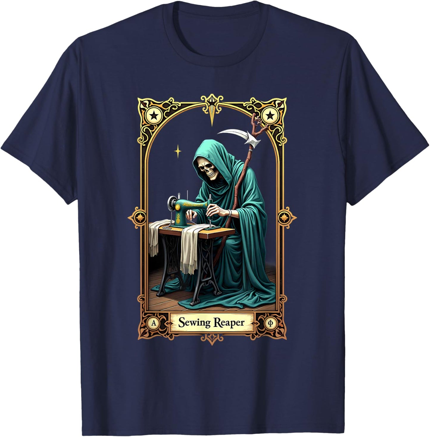 Tarot Card Skeleton Sewing Machine Reaper T-Shirt - T-Shirt | Navy