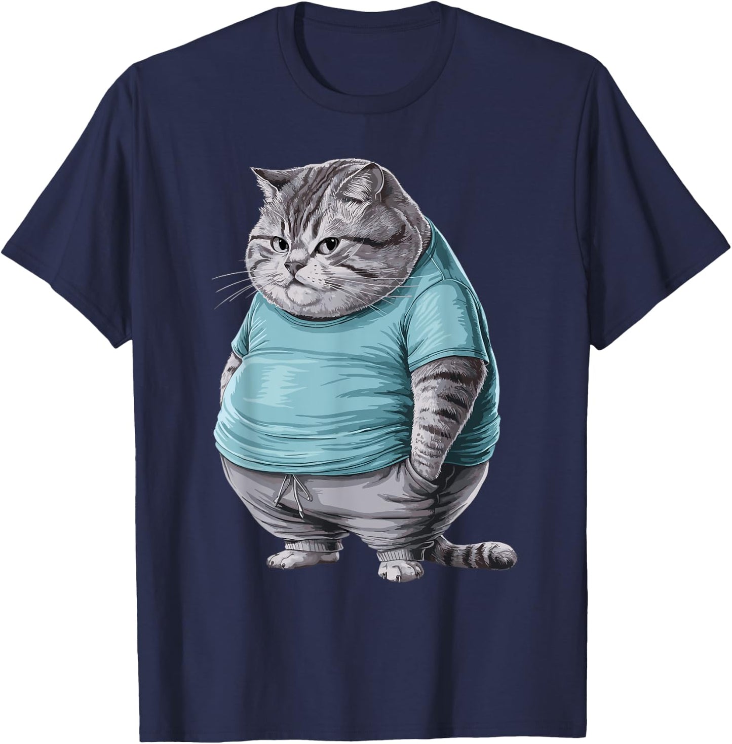 Funny Fat Sad Cat Art Design Fat Kitten Cat Lover Fat Cat Women Girls Kids T-Shirt - T-Shirt | Navy