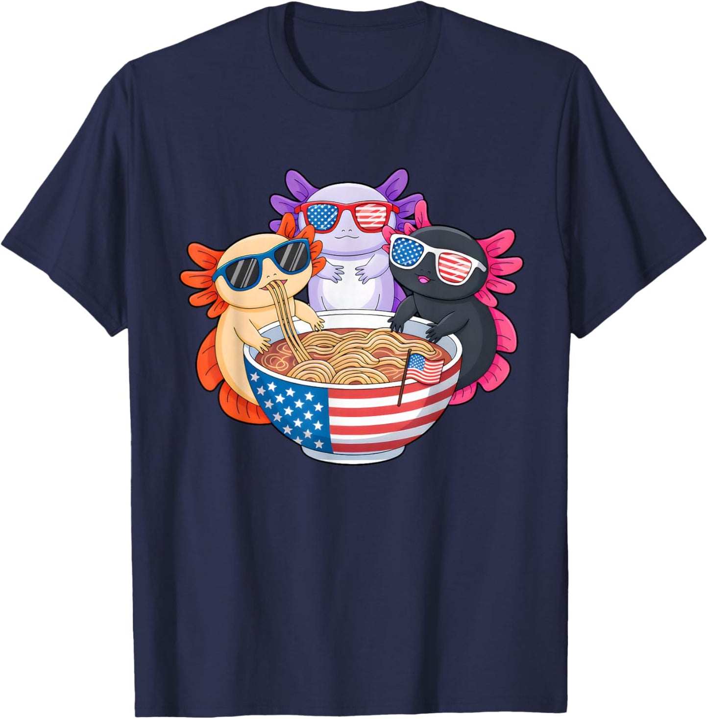 Axolotl Ramen Anime American Flag USA Funny 4th Of July T-Shirt - T-Shirt | Navy