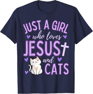 Just A Girl Who Loves Jesus and Cats Christian Funny Cute T-Shirt - T-Shirt | Navy