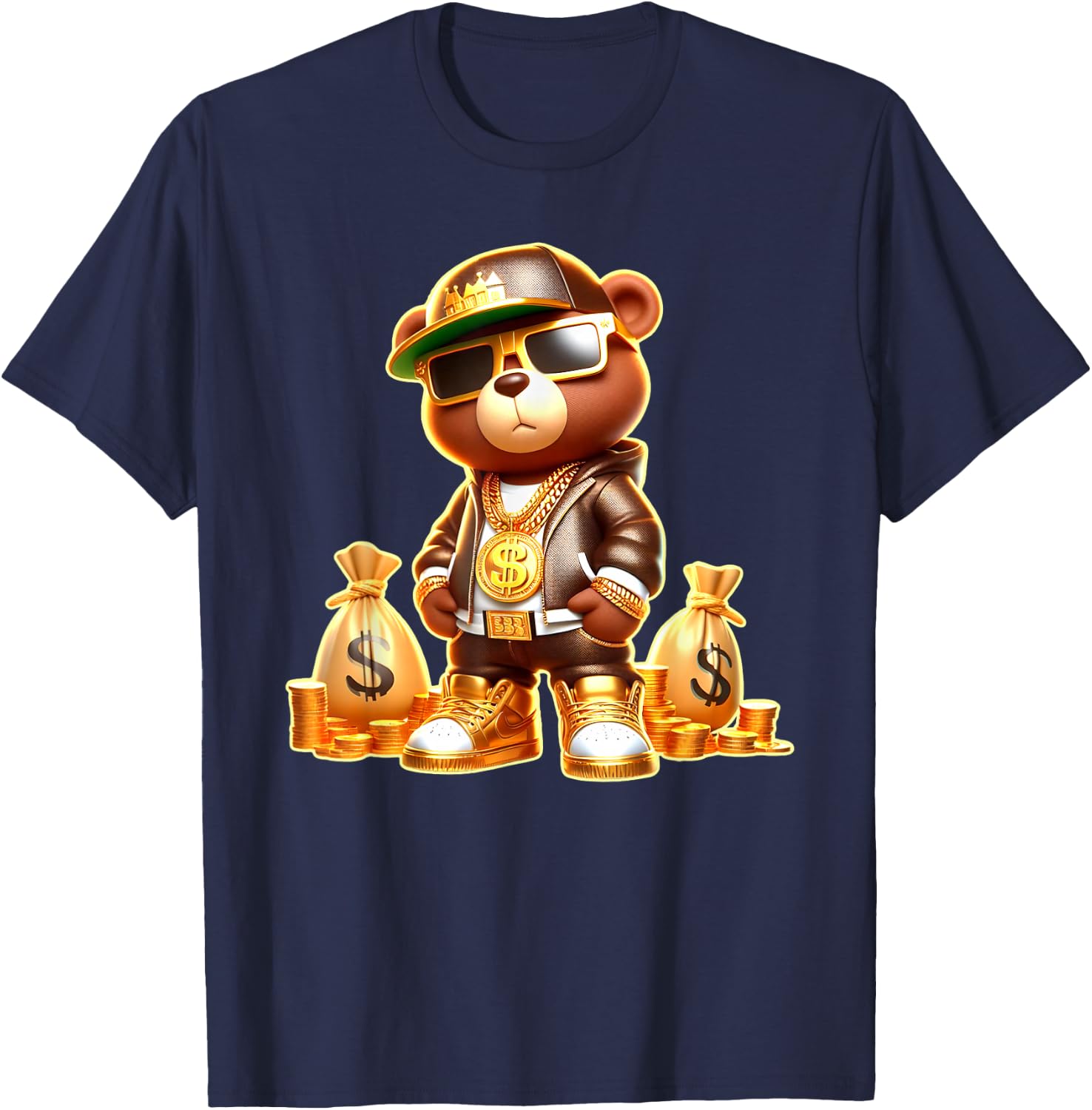 Golden Teddy Bear Boss Money Bags Golden Coins & Chain T-Shirt - T-Shirt | Navy