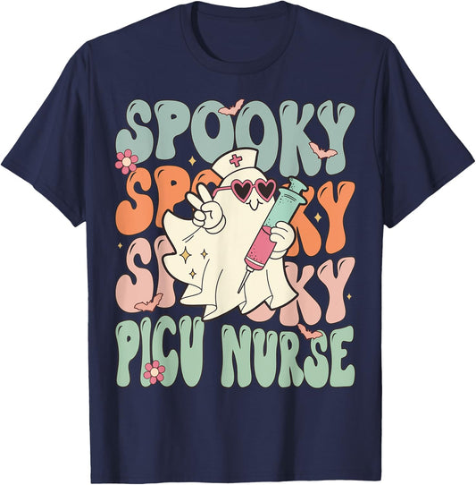 Spooky PICU Nurse Halloween Pediatric Intensive Care Nurse T-Shirt - T-Shirt | Navy