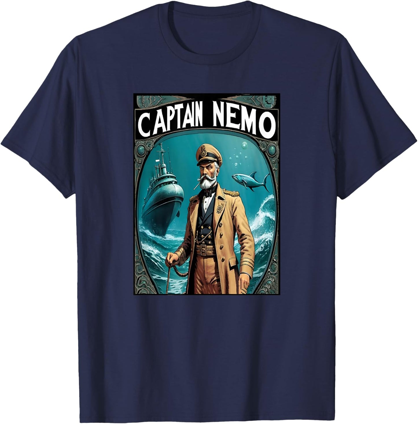 Captain Nemo & The Nautilus Submarine Illustration T-Shirt - T-Shirt | Navy