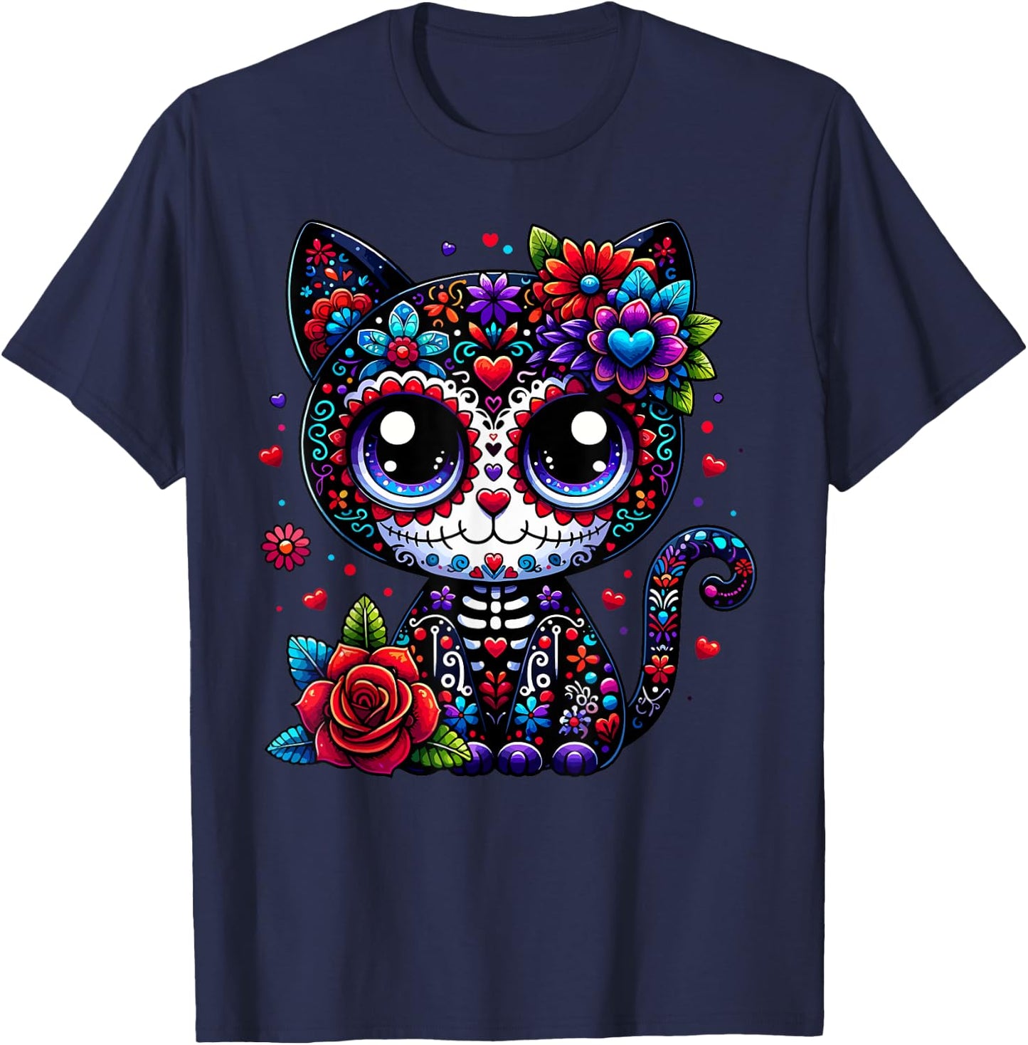 Dia De Los Muertos Cinco De Mayo Cat Sugar Skull Men Women T-Shirt - T-Shirt | Navy