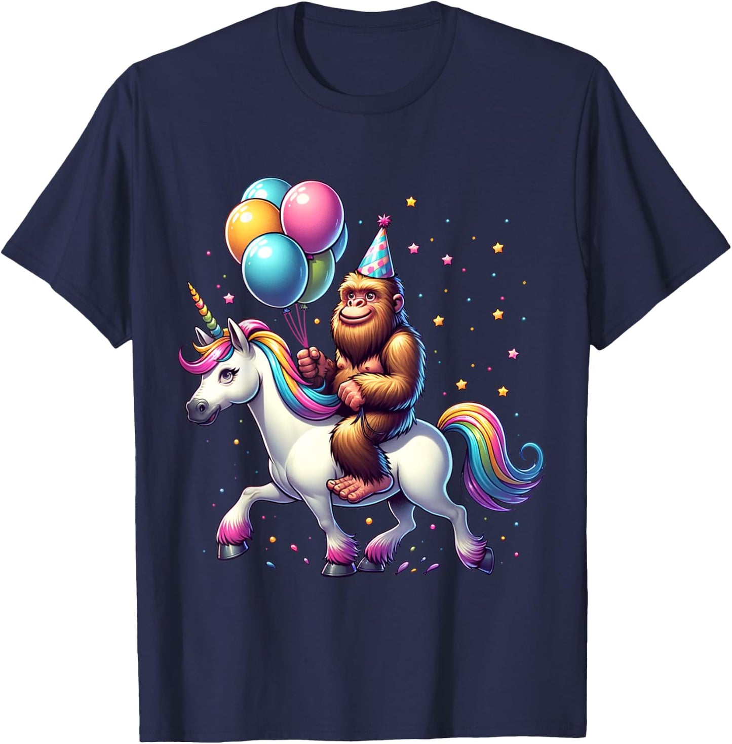 Bigfoot Sasquatch Riding Unicorn. Funny Bigfoot Birthday T-Shirt - T-Shirt | Navy