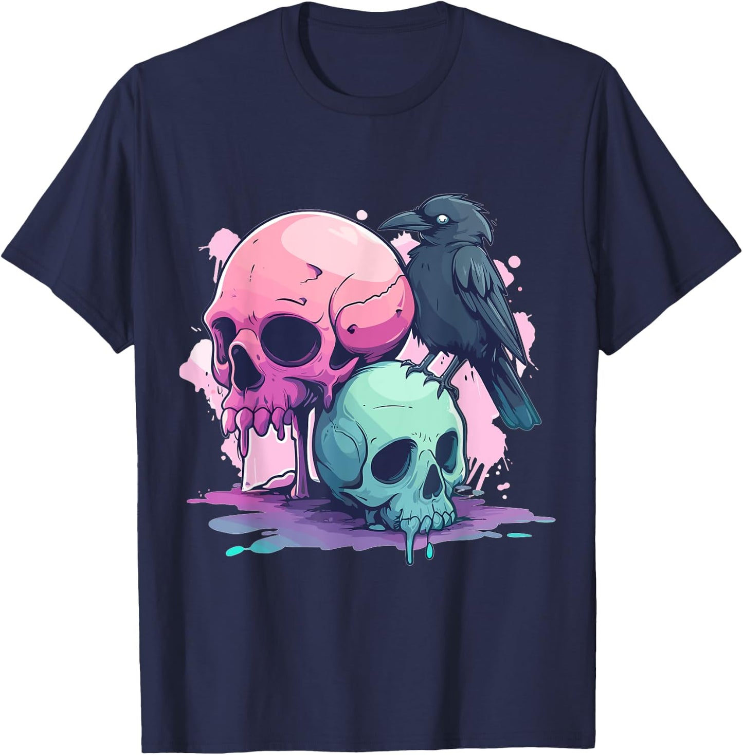 Goth Pastel Cute Creepy Kawaii Skull And Crow Vaporwave T-Shirt - T-Shirt | Navy