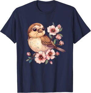 Cute Sparrow With Flowers I Sparrow T-Shirt - T-Shirt | Navy