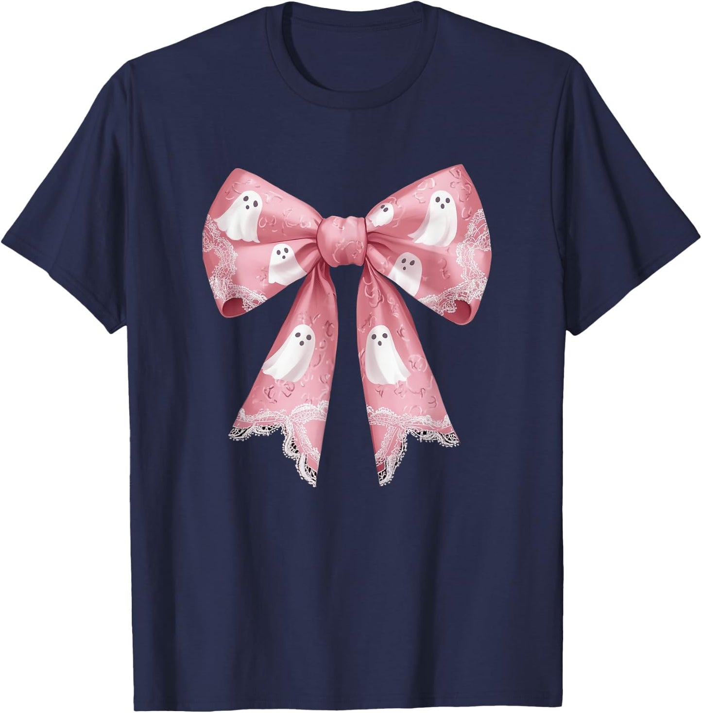 Pink Ghost Coquette Bow Halloween Spooky Season Girls T-Shirt - T-Shirt | Navy