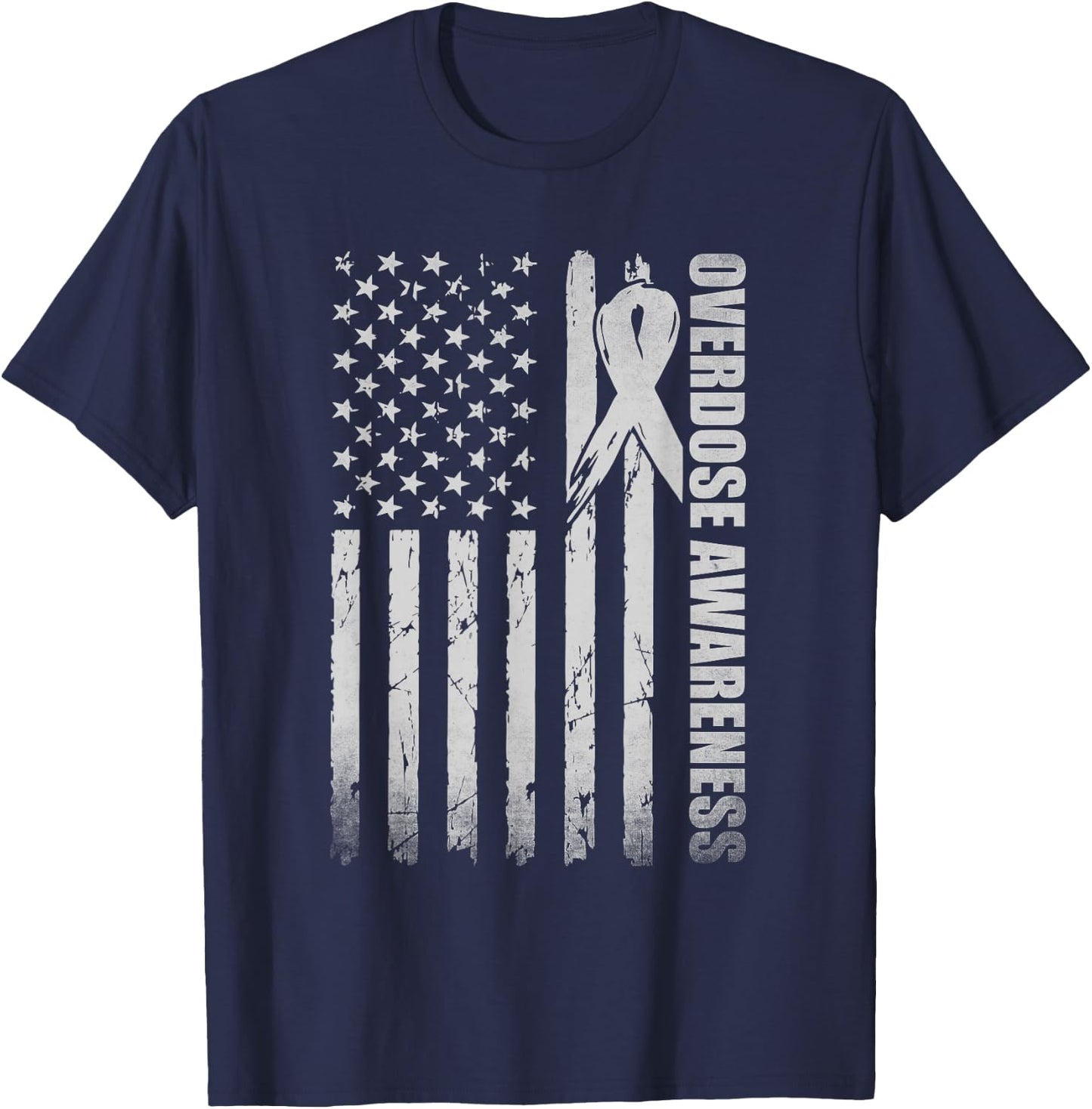 Overdose Awareness Month Purple Ribbon American Flag T-Shirt - T-Shirt | Navy