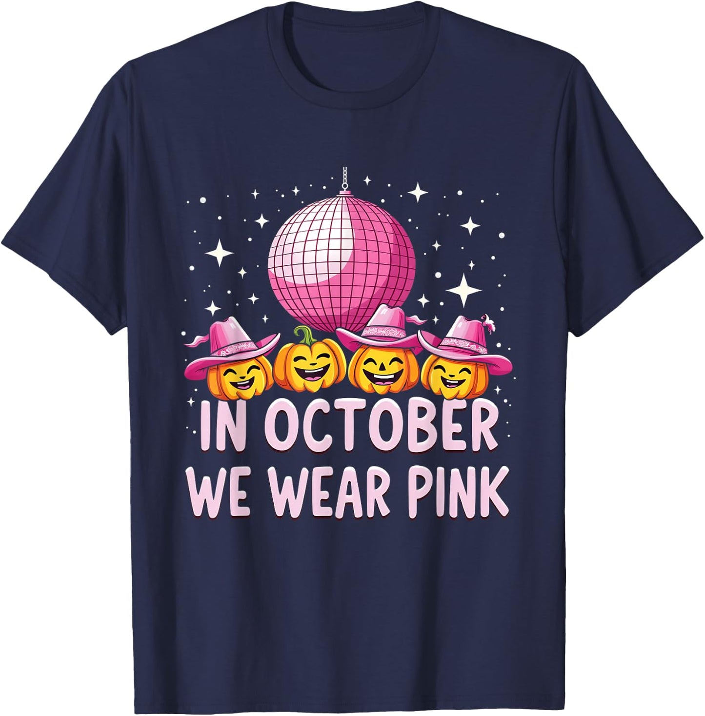 In October We Wear Pink Breast Cancer Pumpkin Cowgirl Wester T-Shirt - T-Shirt | Navy