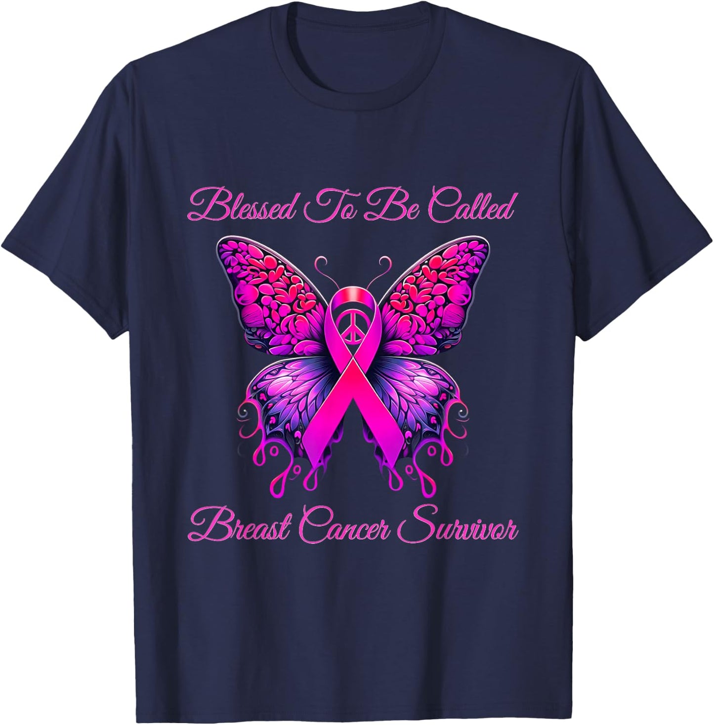 Pink Butterfly Blessed To Be Called Breast Cancer Survivor T-Shirt - T-Shirt | Navy