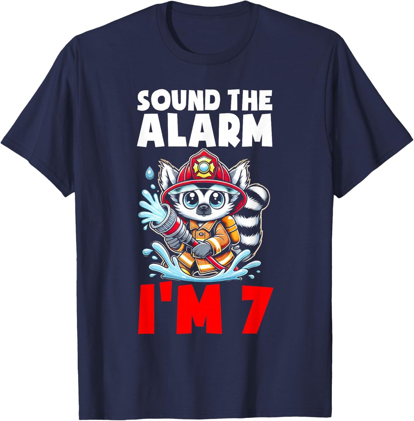 Lemur Firefighter Fireman Kids 7th Birthday Boys 7 Year Old T-Shirt - T-Shirt | Navy
