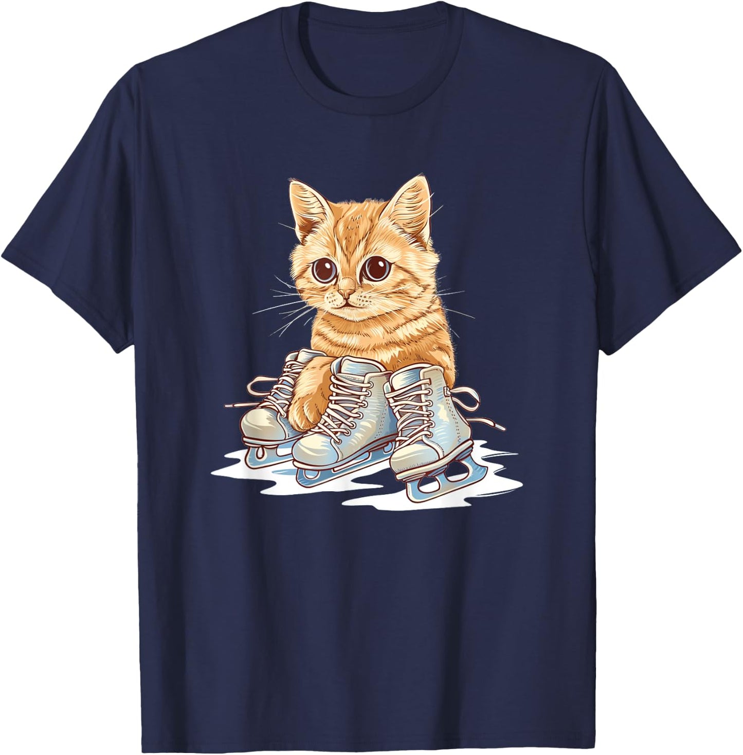 Ice skating Shoes and cute Cat Outfit Men Women Kids T-Shirt - T-Shirt | Navy