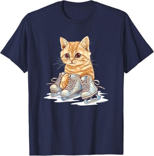 Ice skating Shoes and cute Cat Outfit Men Women Kids T-Shirt - T-Shirt | Navy