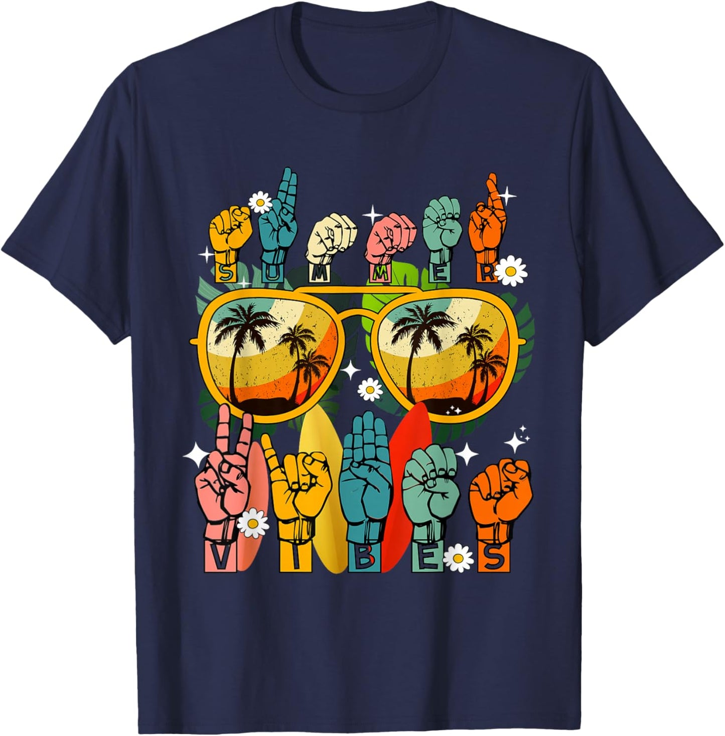 Vintage Summer Vibes American Sign language Interpreter ASL T-Shirt - T-Shirt | Navy