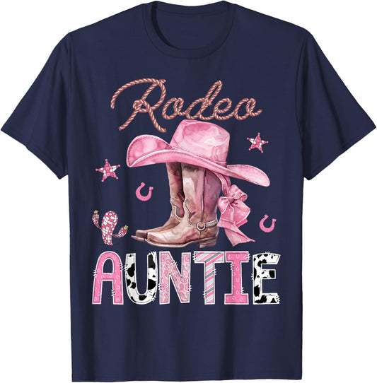 Rodeo Auntie Pink Boots Coquette CowGirl Birthday Party T-Shirt - T-Shirt | Navy