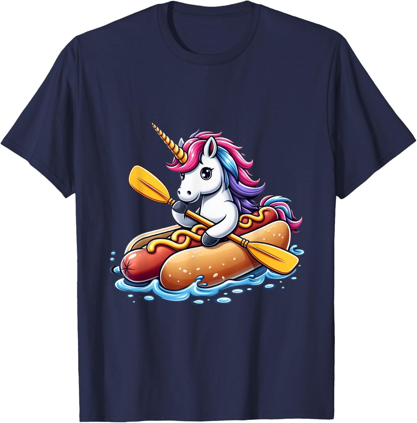 Unicorn Riding Hot Dog Boys Girls Women Kids Teens Rainbow T-Shirt - T-Shirt | Navy