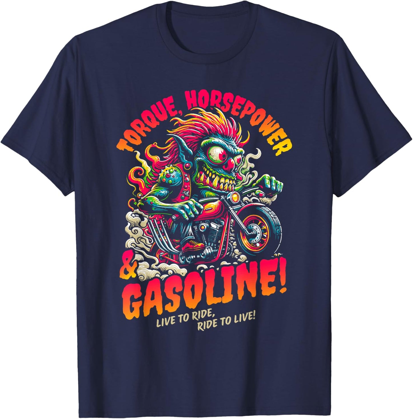 Torque Horsepower and Gasoline Funny Wild Motorcycle Cartoon T-Shirt - T-Shirt | Navy