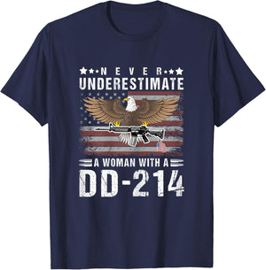 Never Underestimate A Woman With A DD-214 Veteran USA Flag T-Shirt - T-Shirt | Navy